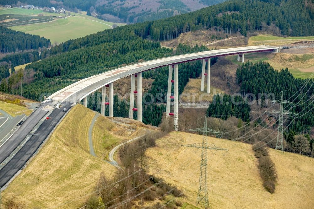 Aerial image Bestwig - Viaduct Nuttlar under construction overlooking the municipality Bestwig in North Rhine-Westphalia