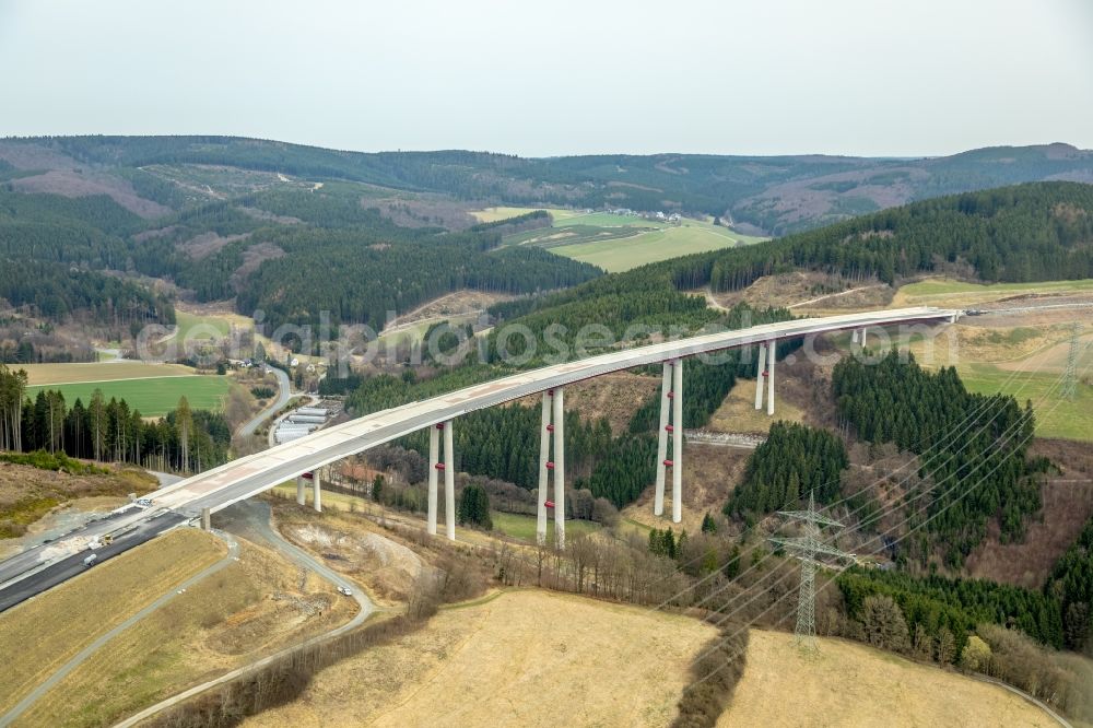 Aerial photograph Bestwig - Viaduct Nuttlar under construction overlooking the municipality Bestwig in North Rhine-Westphalia