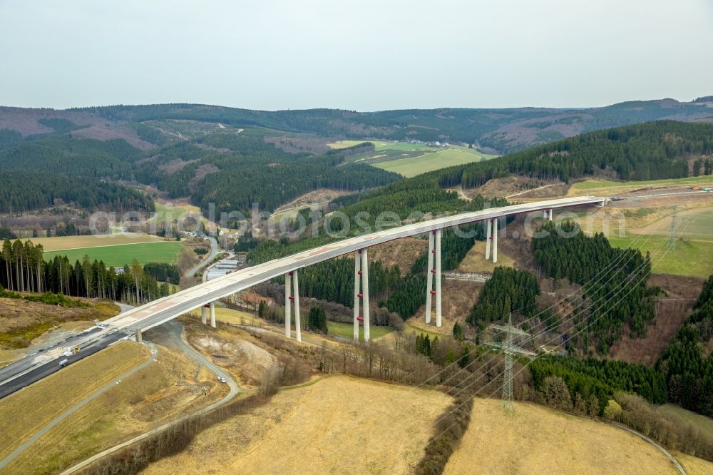 Bestwig from above - Viaduct Nuttlar under construction overlooking the municipality Bestwig in North Rhine-Westphalia