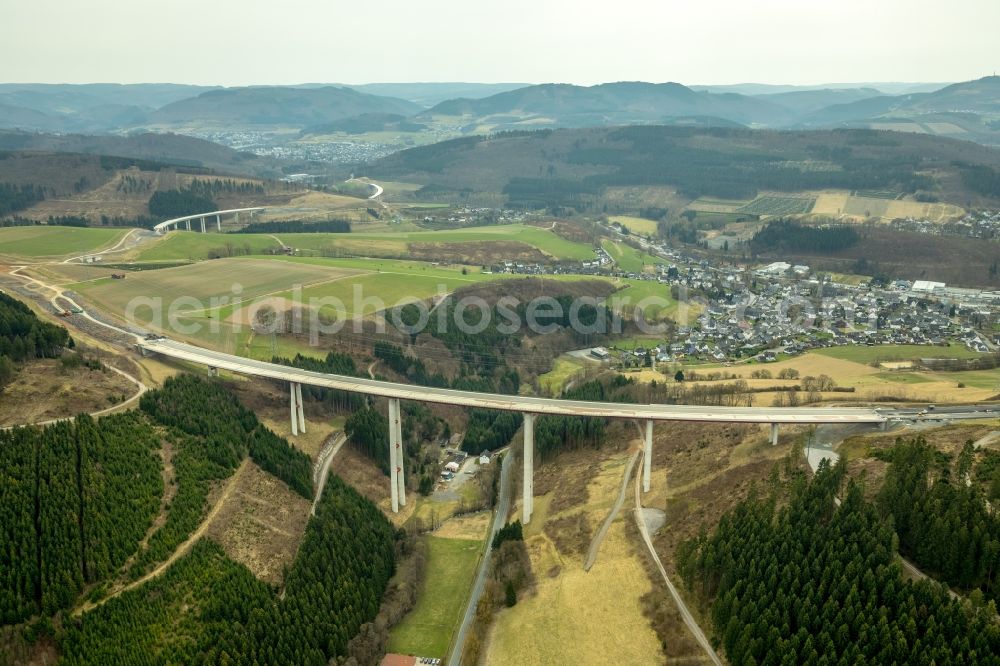 Aerial image Bestwig - Viaduct Nuttlar under construction overlooking the municipality Bestwig in North Rhine-Westphalia