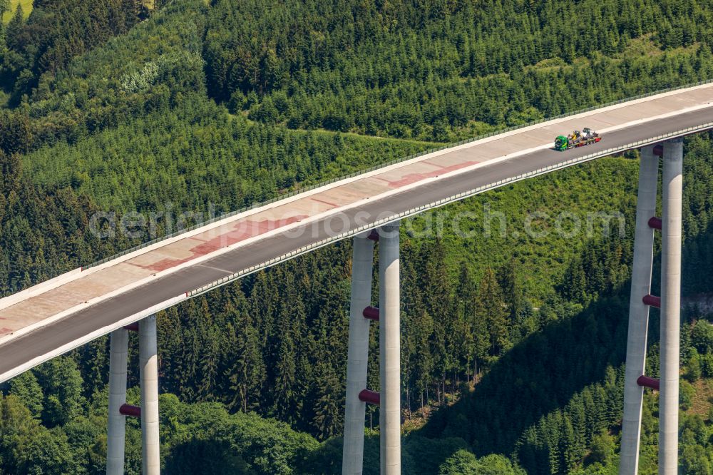 Aerial image Bestwig - Viaduct Nuttlar under construction overlooking the municipality Bestwig at Sauerland in North Rhine-Westphalia