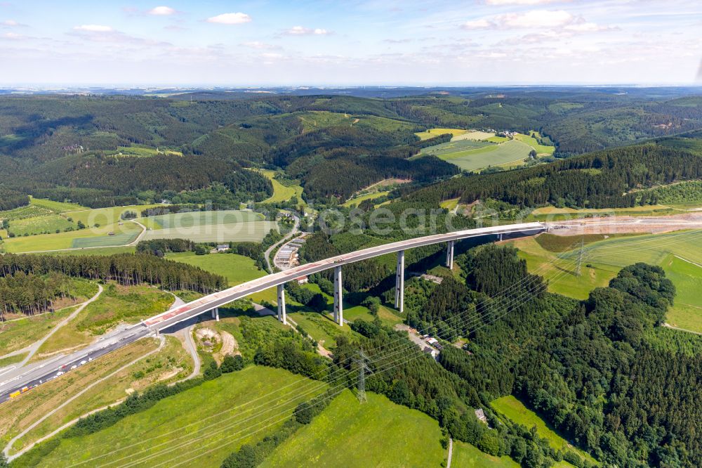 Aerial photograph Bestwig - Viaduct Nuttlar under construction overlooking the municipality Bestwig at Sauerland in North Rhine-Westphalia