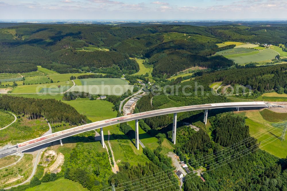 Bestwig from above - Viaduct Nuttlar under construction overlooking the municipality Bestwig at Sauerland in North Rhine-Westphalia