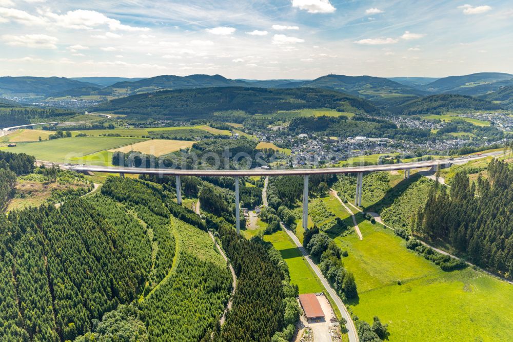 Aerial image Bestwig - Viaduct Nuttlar under construction overlooking the municipality Bestwig at Sauerland in North Rhine-Westphalia