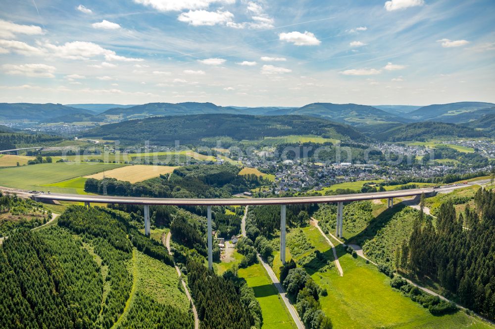 Aerial photograph Bestwig - Viaduct Nuttlar under construction overlooking the municipality Bestwig at Sauerland in North Rhine-Westphalia