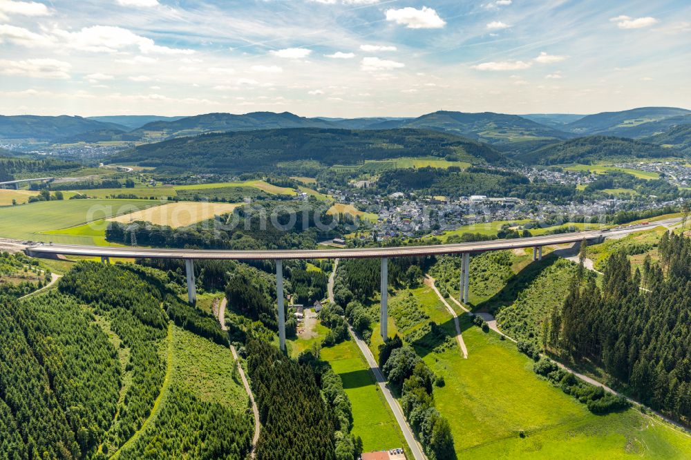 Bestwig from above - Viaduct Nuttlar under construction overlooking the municipality Bestwig at Sauerland in North Rhine-Westphalia