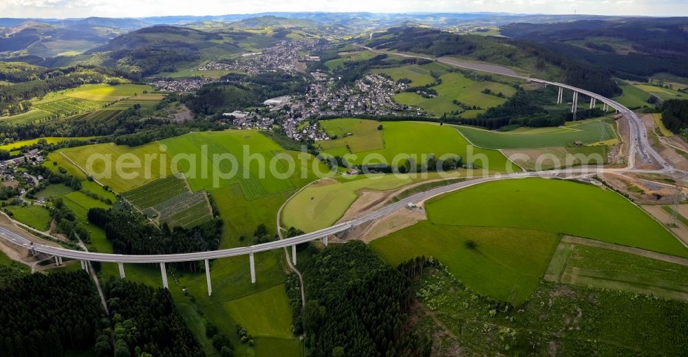 Bestwig from above - Viaduct Nuttlar under construction overlooking the municipality Bestwig in North Rhine-Westphalia