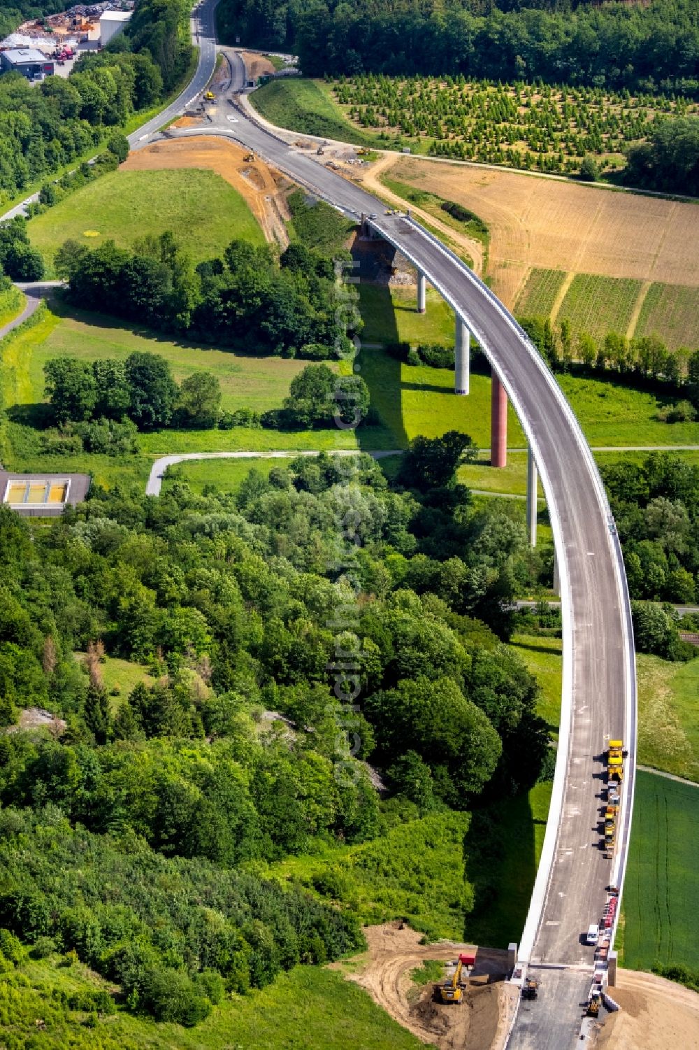 Bestwig from above - Viaduct Nuttlar under construction overlooking the municipality Bestwig in North Rhine-Westphalia