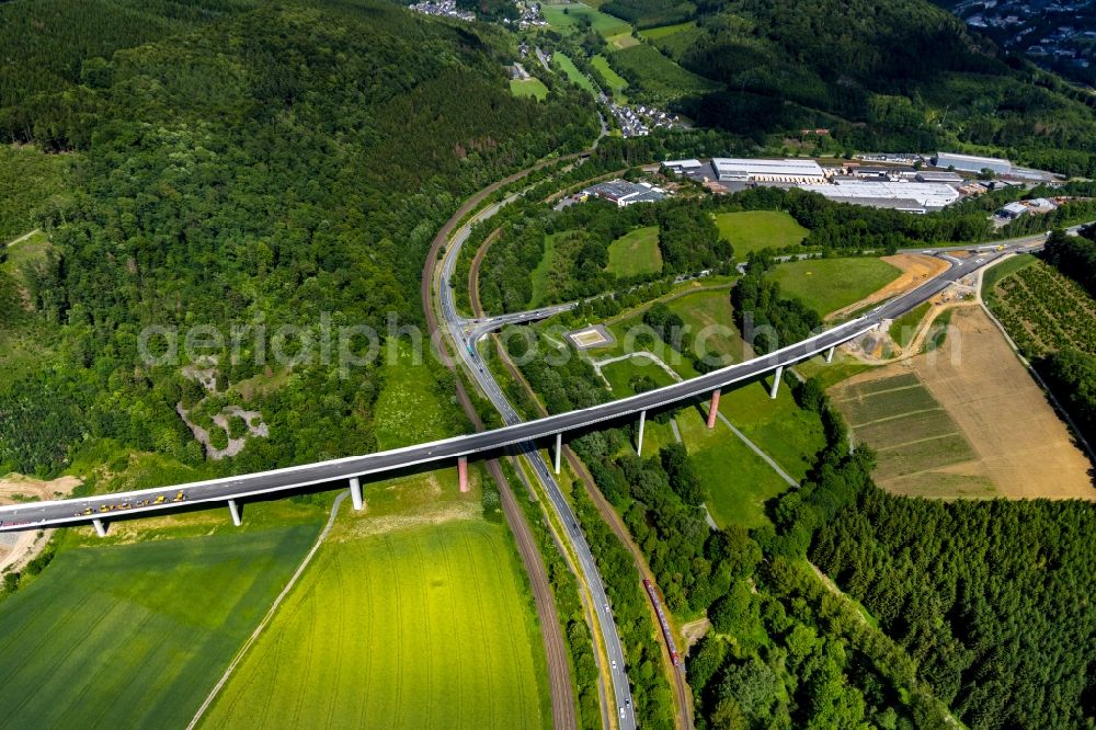 Aerial image Bestwig - Viaduct Nuttlar under construction overlooking the municipality Bestwig in North Rhine-Westphalia