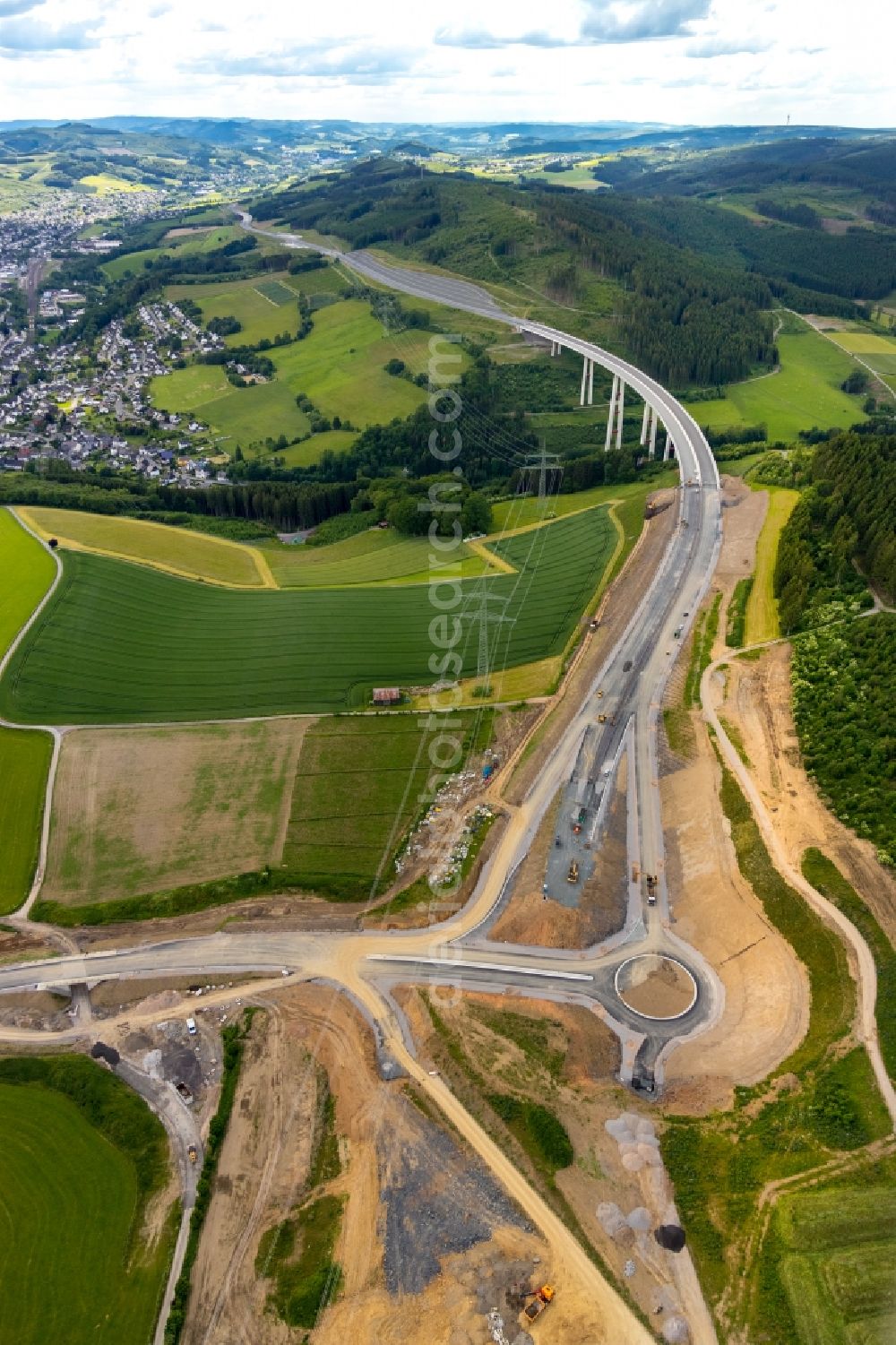 Bestwig from above - Viaduct Nuttlar under construction overlooking the municipality Bestwig in North Rhine-Westphalia