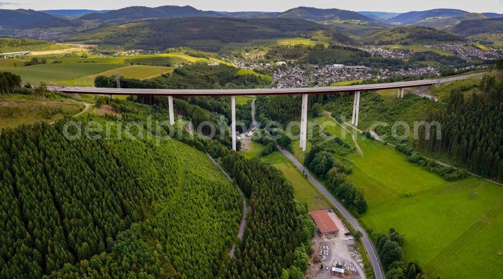 Aerial image Bestwig - Viaduct Nuttlar under construction overlooking the municipality Bestwig in North Rhine-Westphalia