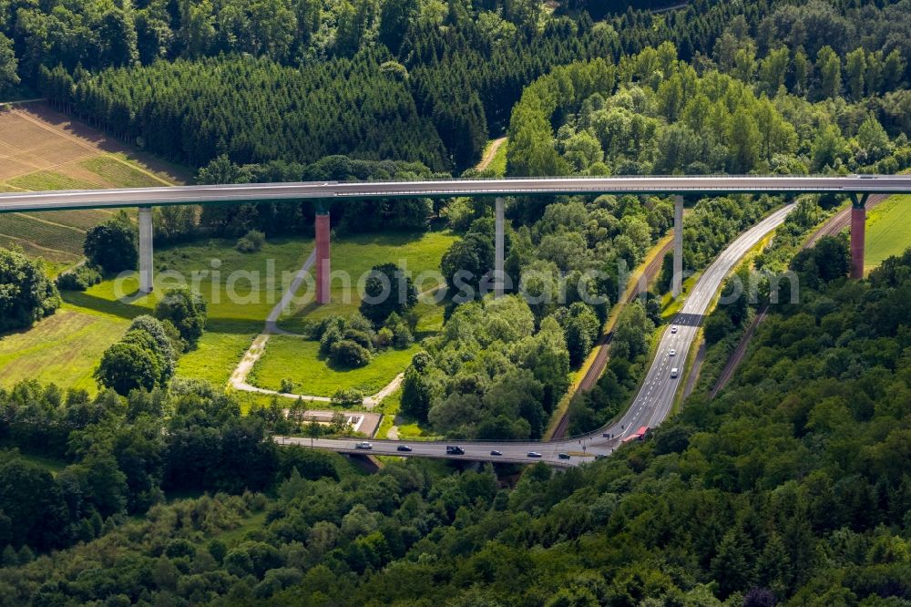 Bestwig from above - Viaduct Nuttlar under construction overlooking the municipality Bestwig in North Rhine-Westphalia