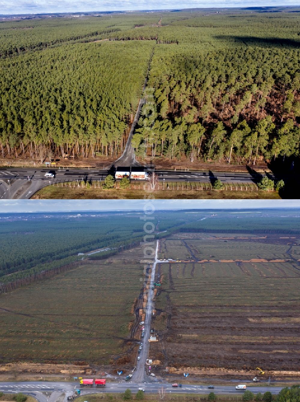 Aerial photograph Grünheide (Mark) - Picture Combo: Construction site for the new building of Tesla Gigafactory 4 on Schlehenweg - Eichenstrasse in the district Freienbrink in Gruenheide (Mark) in the state Brandenburg, Germany