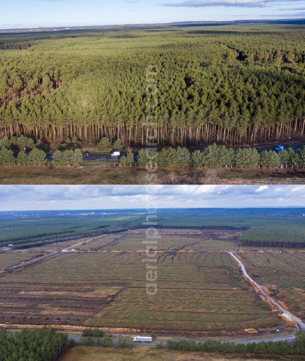 Grünheide (Mark) from above - Picture Combo: Construction site for the new building of Tesla Gigafactory 4 on Schlehenweg - Eichenstrasse in the district Freienbrink in Gruenheide (Mark) in the state Brandenburg, Germany