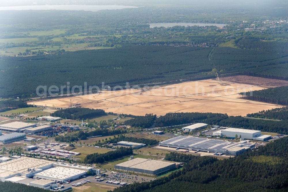 Grünheide (Mark) from the bird's eye view: Construction site for the new building of Tesla Gigafactory 4 on Schlehenweg - Eichenstrasse in the district Freienbrink in Gruenheide (Mark) in the state Brandenburg, Germany