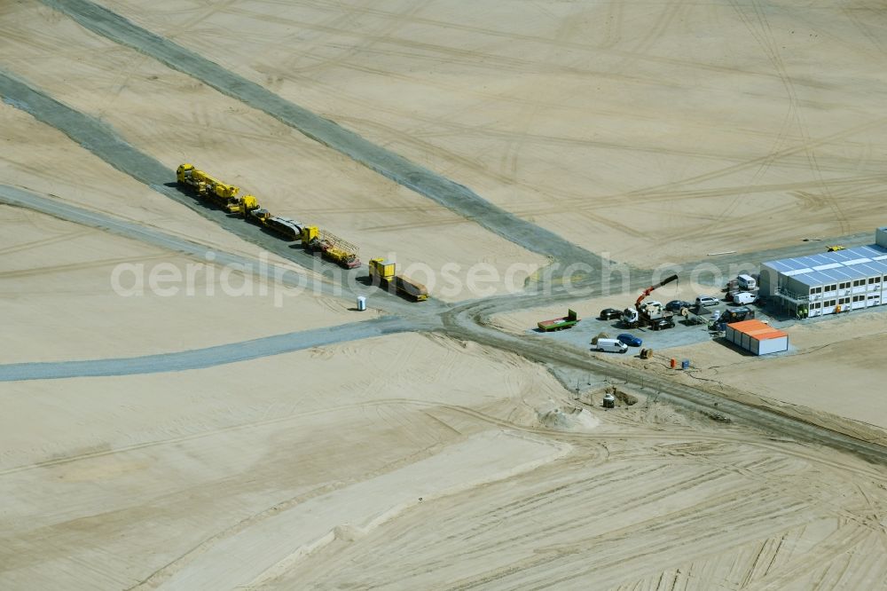 Grünheide (Mark) from above - Construction site for the new building of Tesla Gigafactory 4 on Schlehenweg - Eichenstrasse in the district Freienbrink in Gruenheide (Mark) in the state Brandenburg, Germany