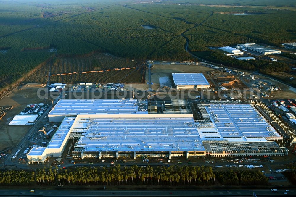 Aerial photograph Grünheide (Mark) - Construction site for the new building of Tesla Gigafactory 4 on Schlehenweg - Eichenstrasse in the district Freienbrink in Gruenheide (Mark) in the state Brandenburg, Germany