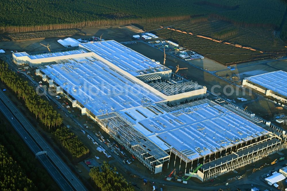 Grünheide (Mark) from the bird's eye view: Construction site for the new building of Tesla Gigafactory 4 on Schlehenweg - Eichenstrasse in the district Freienbrink in Gruenheide (Mark) in the state Brandenburg, Germany