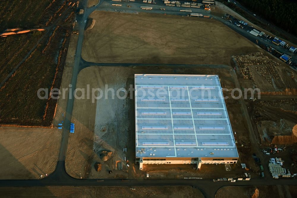 Grünheide (Mark) from above - Construction site for the new building of Tesla Gigafactory 4 on Schlehenweg - Eichenstrasse in the district Freienbrink in Gruenheide (Mark) in the state Brandenburg, Germany