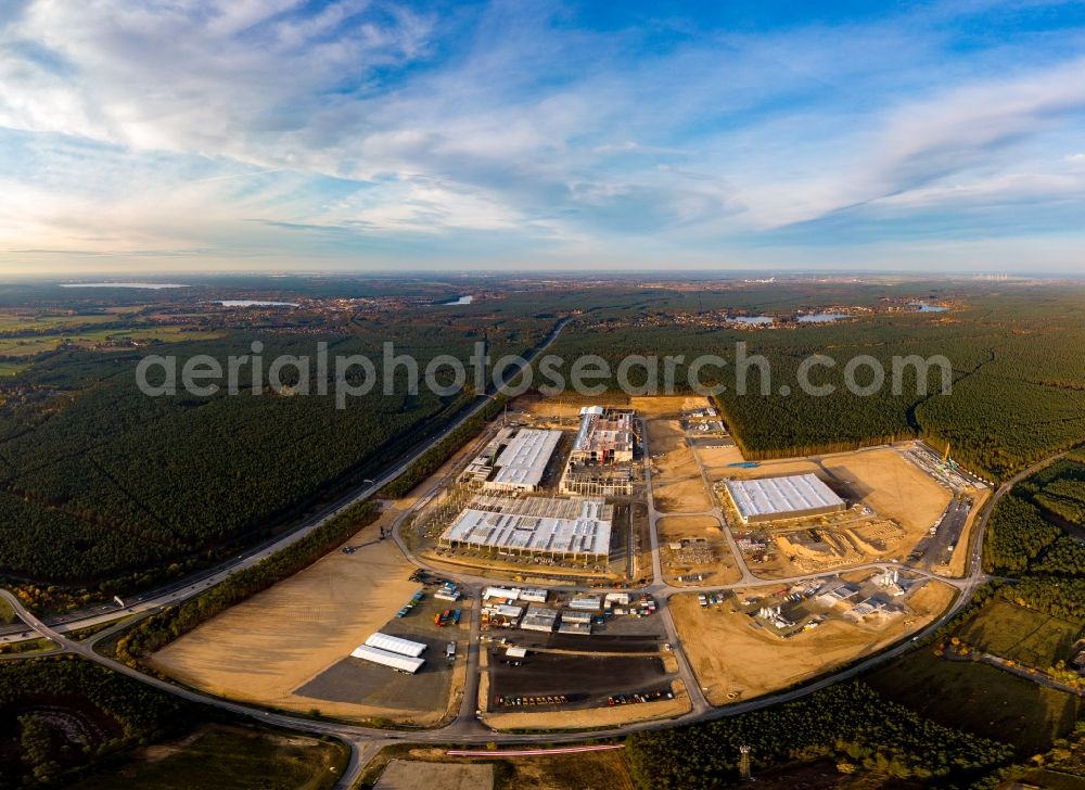 Aerial image Grünheide (Mark) - Construction site for the new building of Tesla Gigafactory 4 on Schlehenweg - Eichenstrasse in the district Freienbrink in Gruenheide (Mark) in the state Brandenburg, Germany