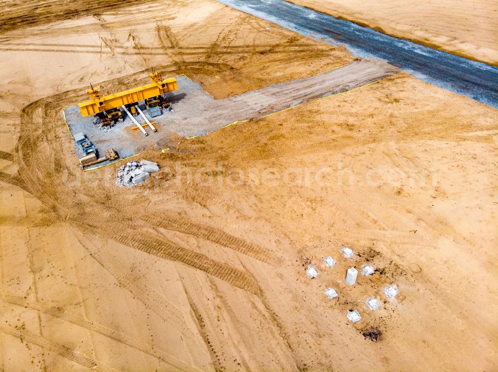 Grünheide (Mark) from the bird's eye view: Construction site for the new building of Tesla Gigafactory 4 on Schlehenweg - Eichenstrasse in the district Freienbrink in Gruenheide (Mark) in the state Brandenburg, Germany