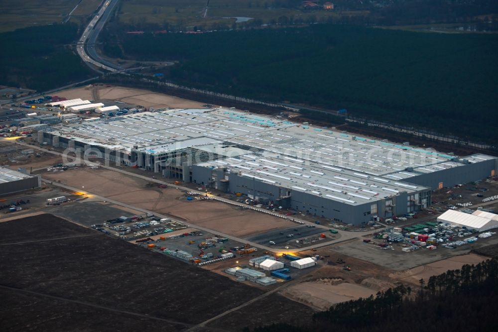 Aerial photograph Grünheide (Mark) - Construction site for the new building of Tesla Gigafactory 4 on Schlehenweg - Eichenstrasse in the district Freienbrink in Gruenheide (Mark) in the state Brandenburg, Germany