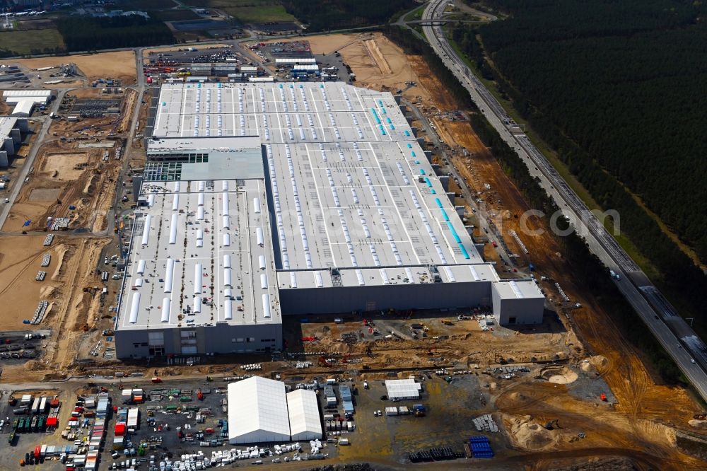 Aerial image Grünheide (Mark) - Construction site for the new building of Tesla Gigafactory 4 on Schlehenweg - Eichenstrasse in the district Freienbrink in Gruenheide (Mark) in the state Brandenburg, Germany