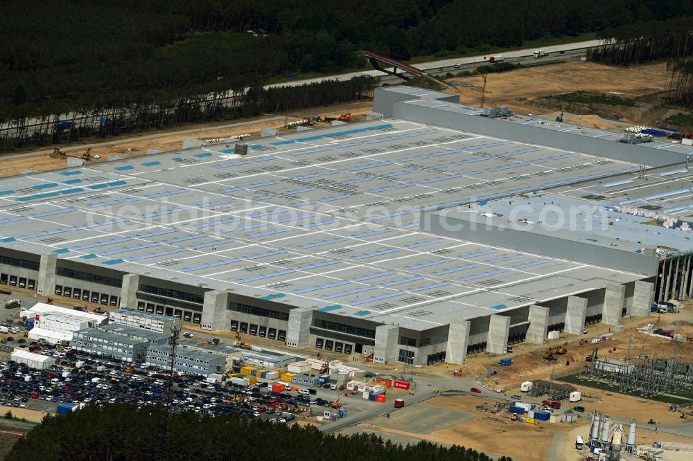 Aerial photograph Grünheide (Mark) - Construction site for the new building of Tesla Gigafactory 4 on Schlehenweg - Eichenstrasse in the district Freienbrink in Gruenheide (Mark) in the state Brandenburg, Germany