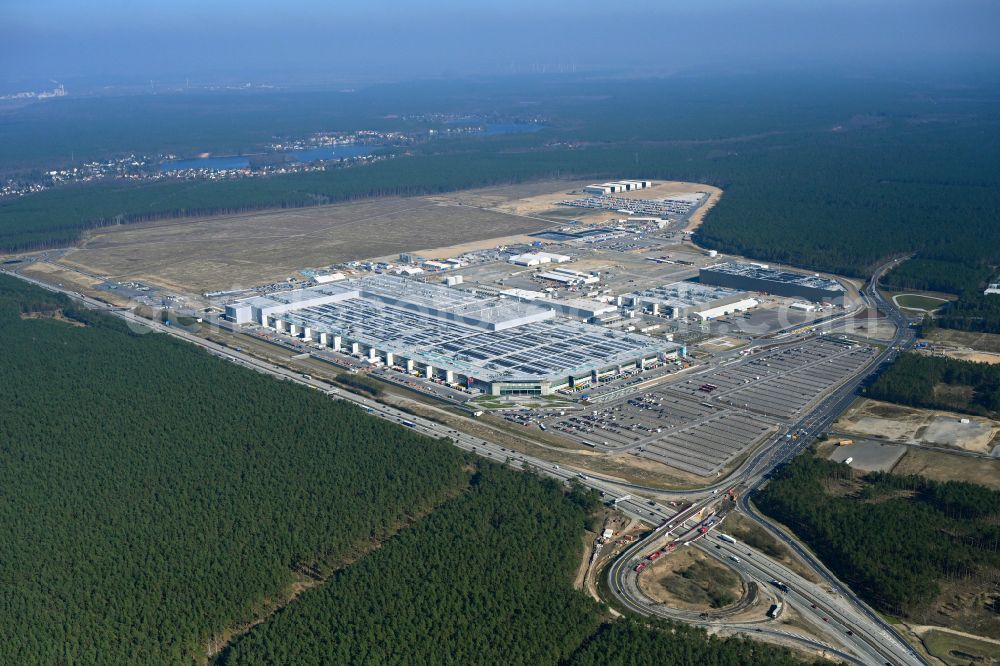 Grünheide (Mark) from the bird's eye view: Construction site for the new building of Tesla Gigafactory 4 on Schlehenweg - Eichenstrasse in the district Freienbrink in Gruenheide (Mark) in the state Brandenburg, Germany