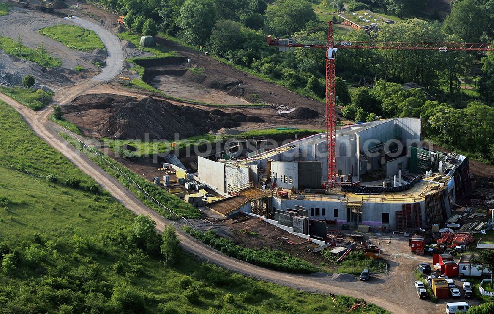 Erfurt from above - An overview of the construction site of the new building of the elephant enclosure in the Thuringian zoo park. The Executing company is Riedel Bau