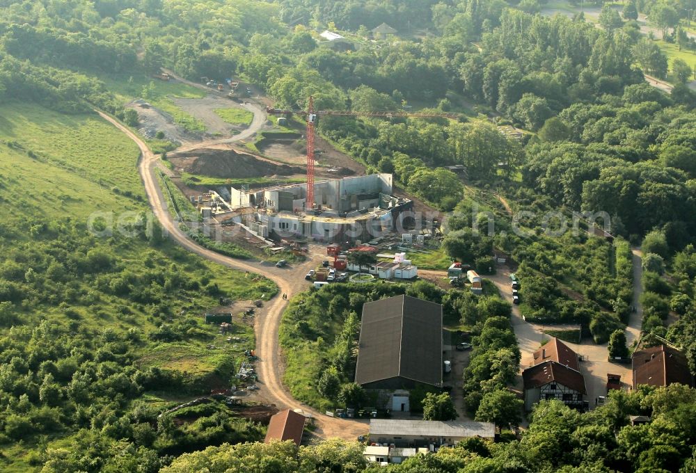 Erfurt from the bird's eye view: An overview of the construction site of the new building of the elephant enclosure in the Thuringian zoo park. The Executing company is Riedel Bau