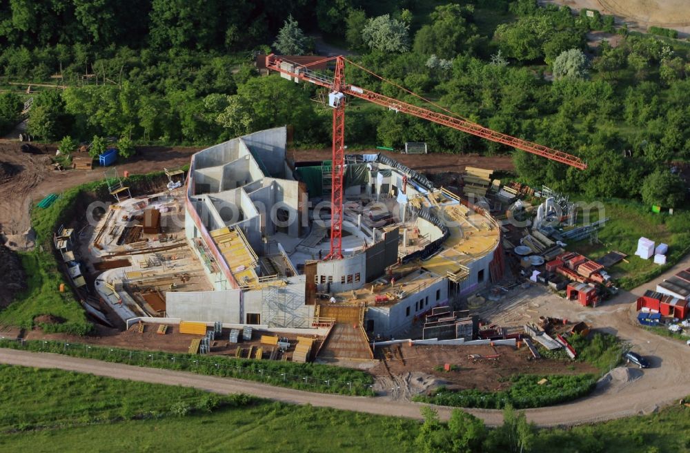 Aerial image Erfurt - An overview of the construction site of the new building of the elephant enclosure in the Thuringian zoo park. The Executing company is Riedel Bau