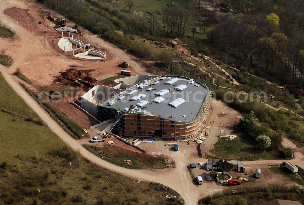 Aerial image Erfurt - An overview of the construction site of the new building of the elephant enclosure in the Thuringian zoo park. The Executing company is Riedel Bau