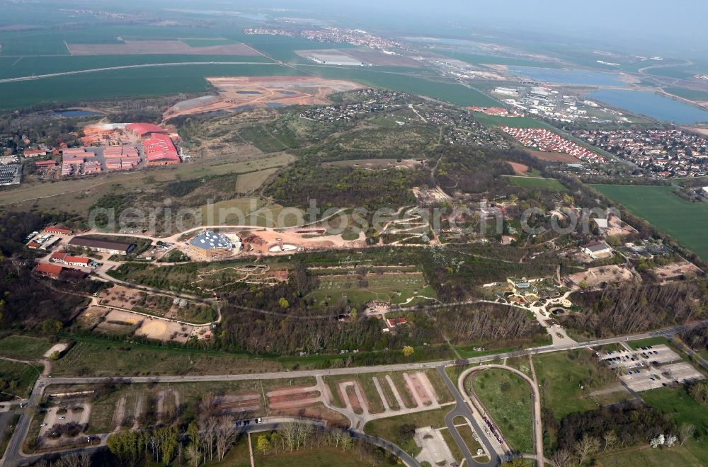 Erfurt from above - An overview of the construction site of the new building of the elephant enclosure in the Thuringian zoo park. The Executing company is Riedel Bau