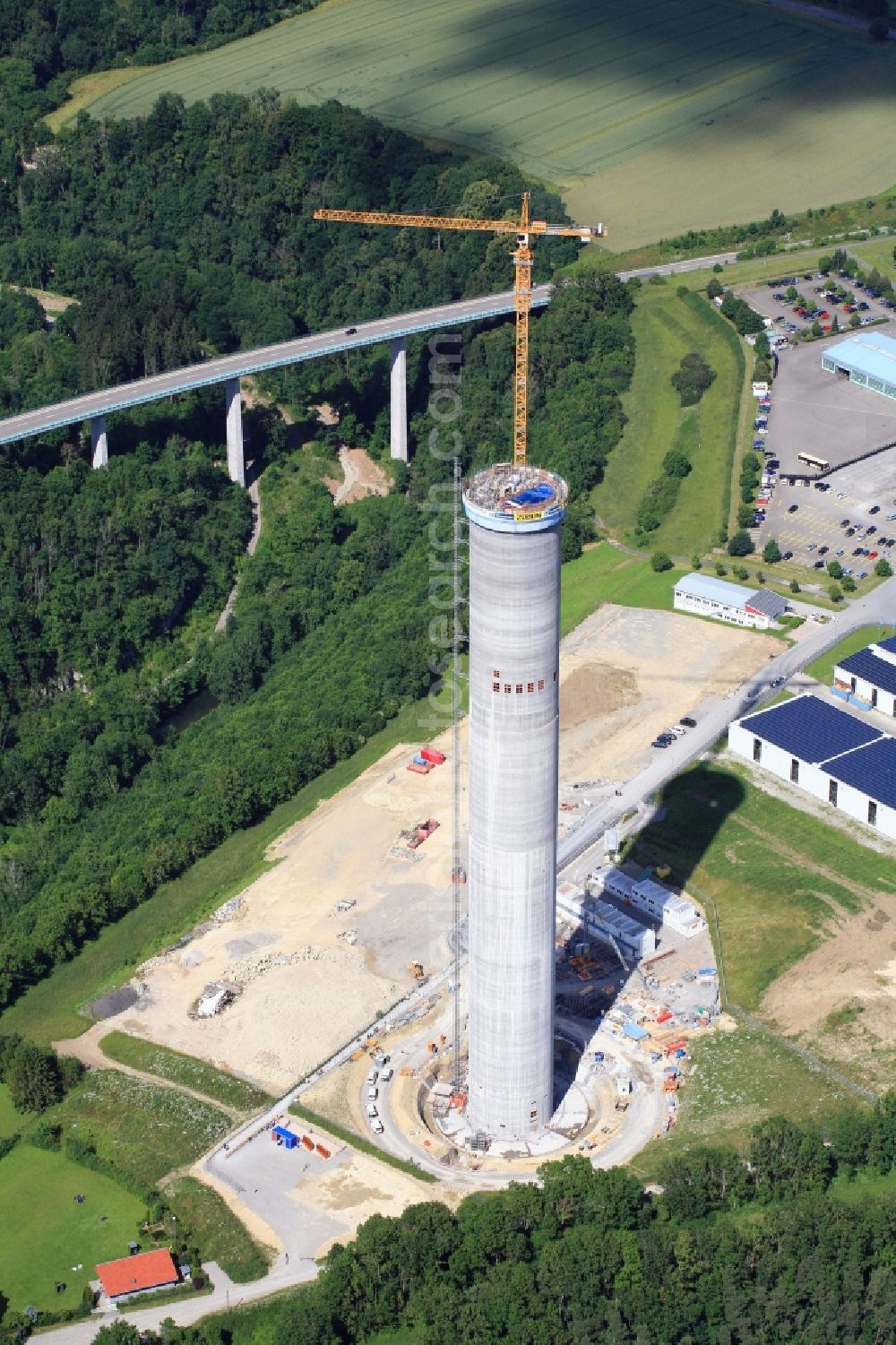 Rottweil from the bird's eye view: Construction and construction site of the ThyssenKrupp testing tower for Speed elevators in Rottweil in Baden - Wuerttemberg. When finished the new landmark of the town of Rottweil will be the tallest structure in Baden-Wuerttemberg