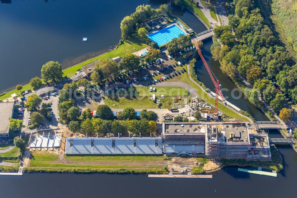 Duisburg from above - Construction site for the new training and competitive sports center of a regatta house with grandstand at the regatta course on Kruppstrasse in the district of Neudorf-Sued in Duisburg in the Ruhr area in the federal state of North Rhine-Westphalia, Germany