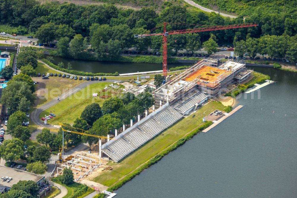 Aerial image Duisburg - Construction site for the new training and competitive sports center of a regatta house with grandstand at the regatta course on Kruppstrasse in the district of Neudorf-Sued in Duisburg in the Ruhr area in the federal state of North Rhine-Westphalia, Germany