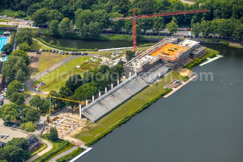 Aerial photograph Duisburg - Construction site for the new training and competitive sports center of a regatta house with grandstand at the regatta course on Kruppstrasse in the district of Neudorf-Sued in Duisburg in the Ruhr area in the federal state of North Rhine-Westphalia, Germany