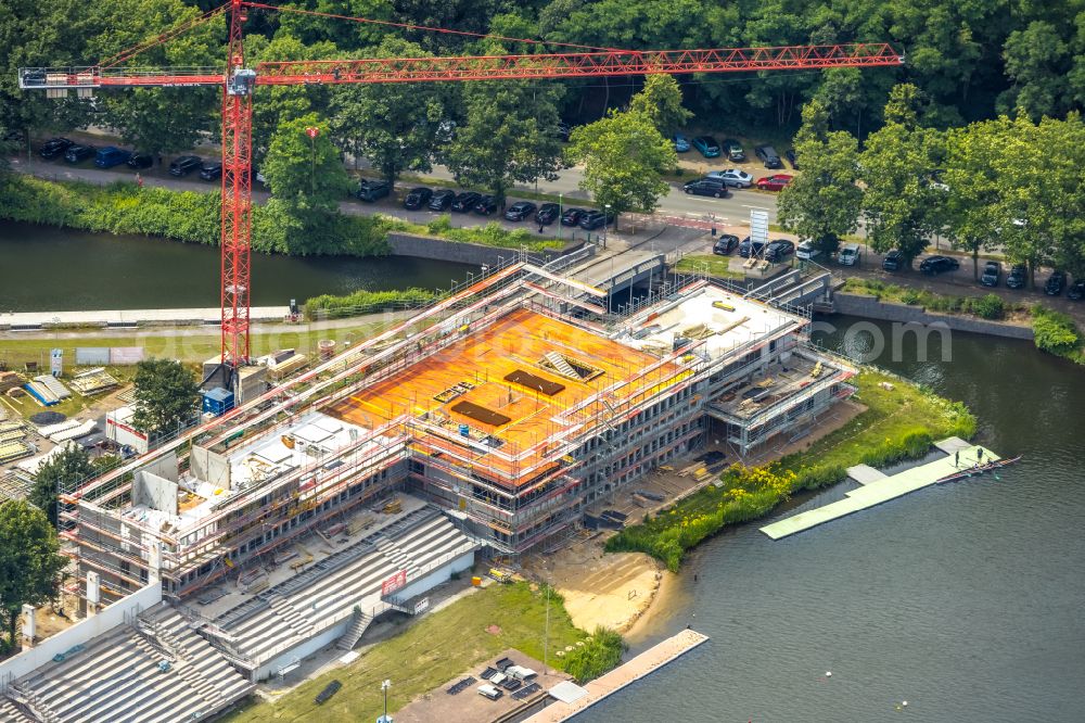 Duisburg from above - Construction site for the new training and competitive sports center of a regatta house with grandstand at the regatta course on Kruppstrasse in the district of Neudorf-Sued in Duisburg in the Ruhr area in the federal state of North Rhine-Westphalia, Germany