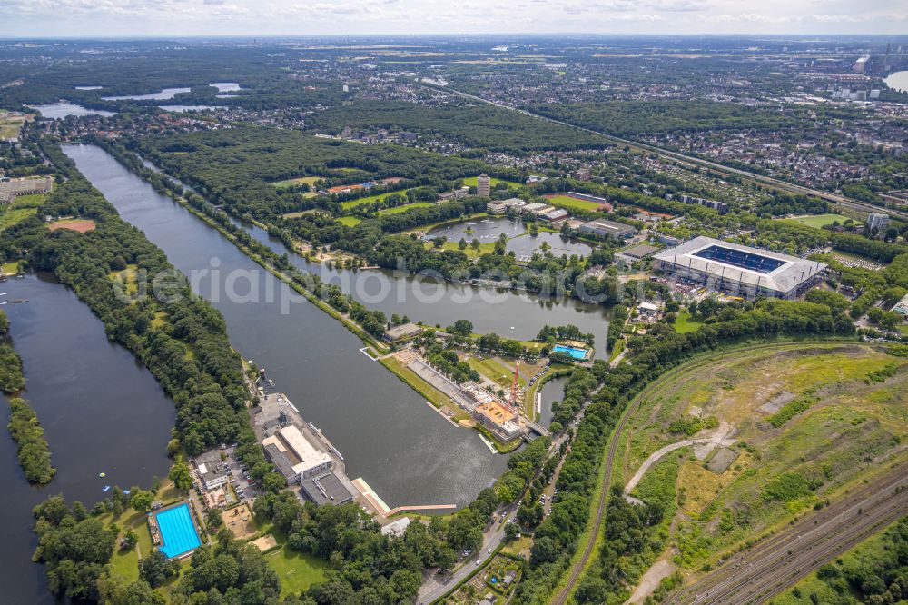 Aerial image Duisburg - Construction site for the new training and competitive sports center of a regatta house with grandstand at the regatta course on Kruppstrasse in the district of Neudorf-Sued in Duisburg in the Ruhr area in the federal state of North Rhine-Westphalia, Germany