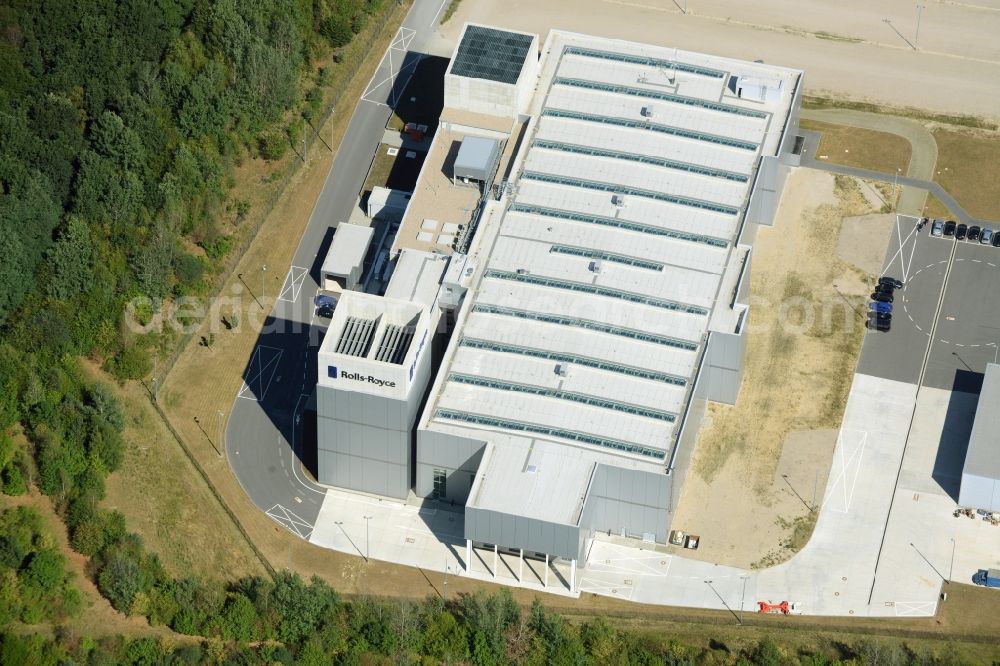 Blankenfelde-Mahlow from above - Engine test stand at the Rolls Royce plant in the commerce area of Dahlewitz in the state of Brandenburg. The building is part of the Rolls-Royce MTOC Gmbh works