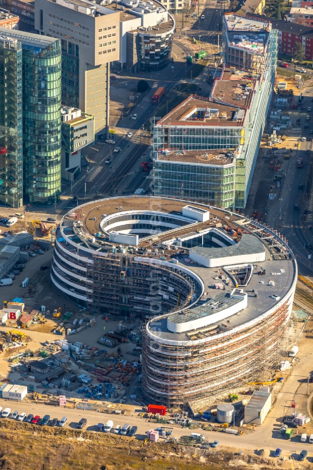 Aerial photograph Düsseldorf - Construction site for the new building trivago-Zentrale on Kesselstrasse in the district Medienhafen in Duesseldorf in the state North Rhine-Westphalia