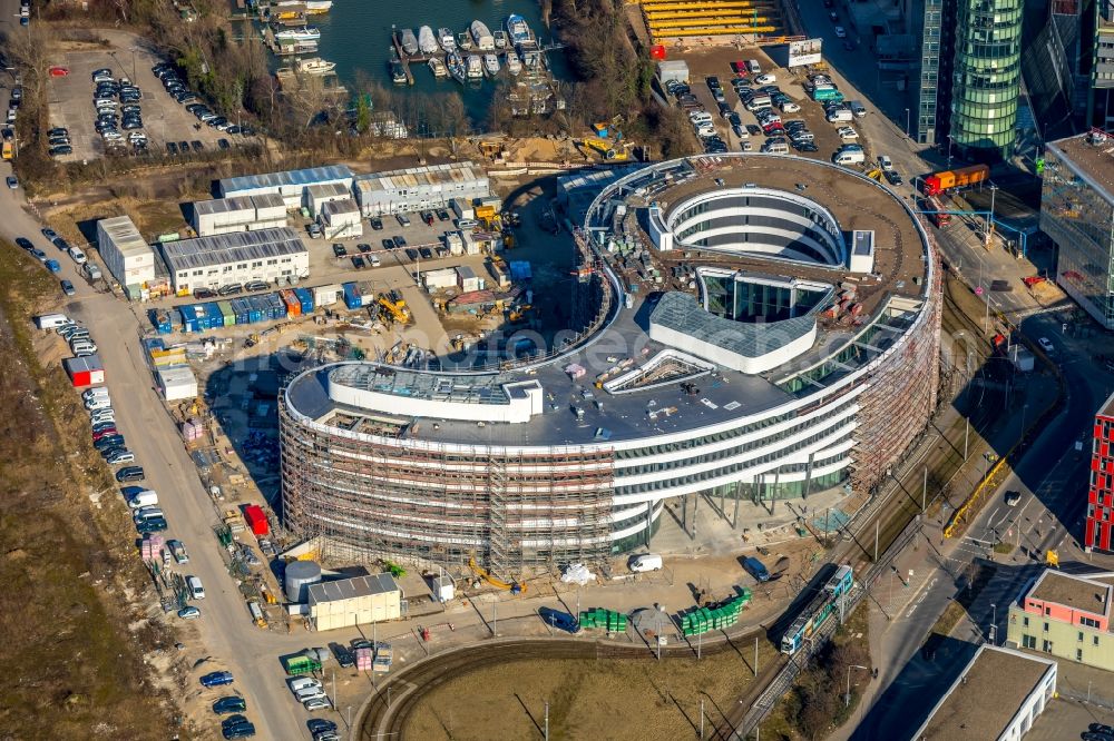 Düsseldorf from above - Construction site for the new building trivago-Zentrale on Kesselstrasse in the district Medienhafen in Duesseldorf in the state North Rhine-Westphalia