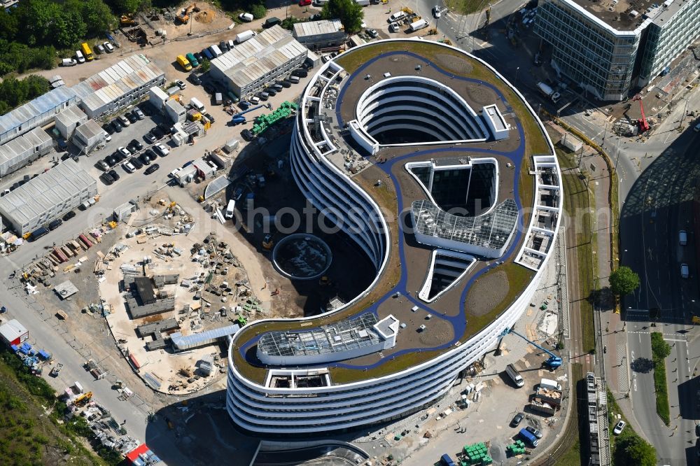 Aerial photograph Düsseldorf - Construction site for the new building trivago-Zentrale on Kesselstrasse in the district Medienhafen in Duesseldorf in the state North Rhine-Westphalia