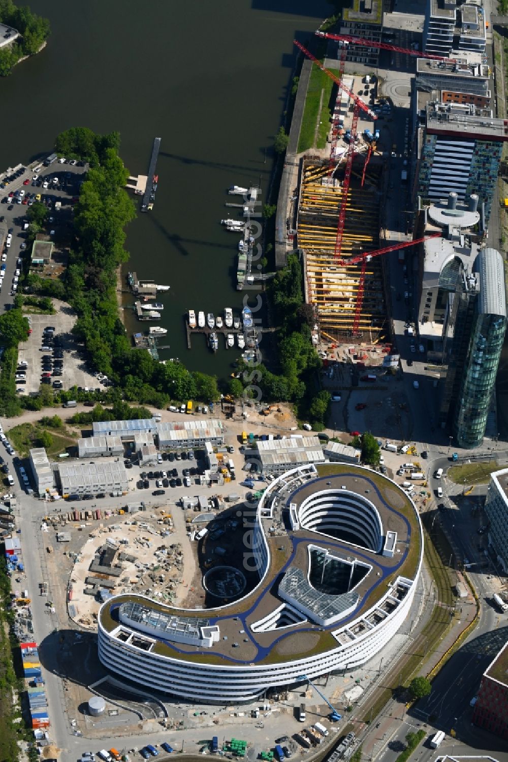 Aerial image Düsseldorf - Construction site for the new building trivago-Zentrale on Kesselstrasse in the district Medienhafen in Duesseldorf in the state North Rhine-Westphalia