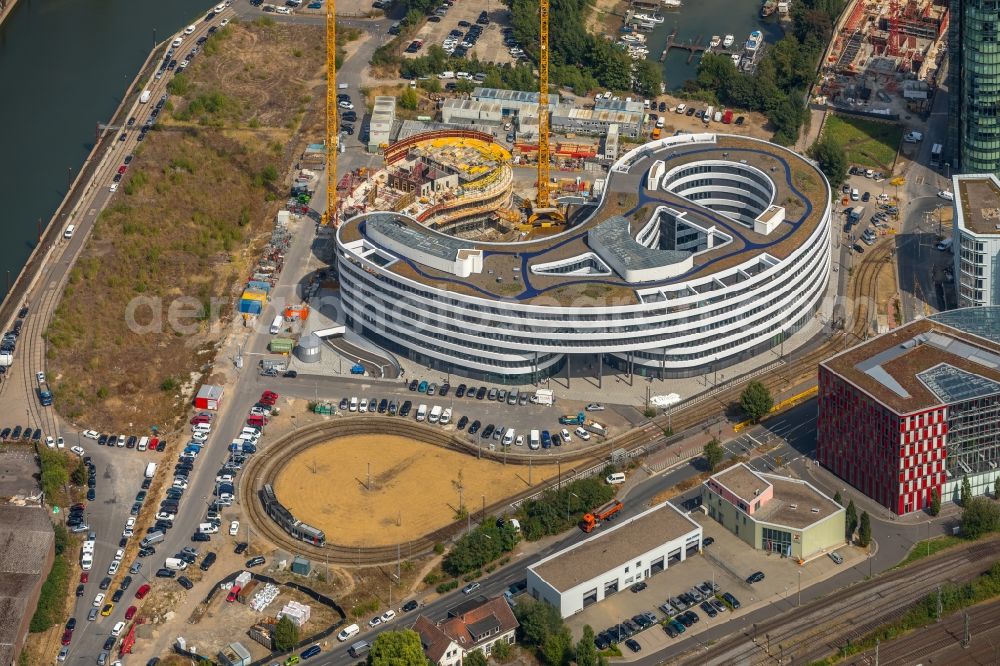 Aerial image Düsseldorf - Construction site for the new building trivago-Zentrale on Kesselstrasse in the district Medienhafen in Duesseldorf in the state North Rhine-Westphalia