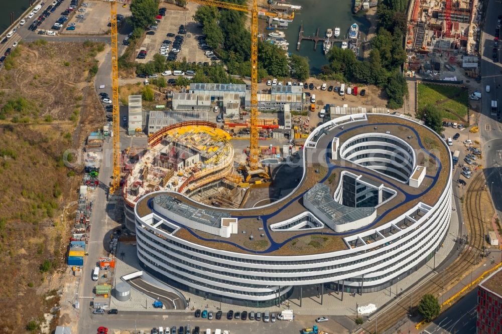 Düsseldorf from above - Construction site for the new building trivago-Zentrale on Kesselstrasse in the district Medienhafen in Duesseldorf in the state North Rhine-Westphalia