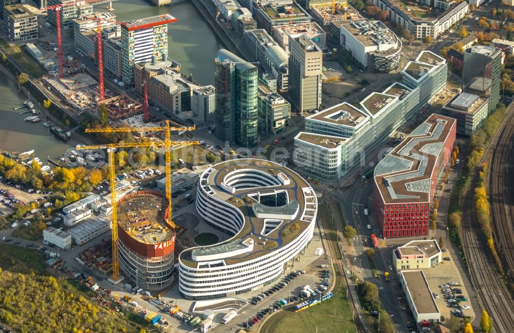 Aerial image Düsseldorf - Construction site for the new building trivago-Zentrale on Kesselstrasse in the district Medienhafen in Duesseldorf in the state North Rhine-Westphalia