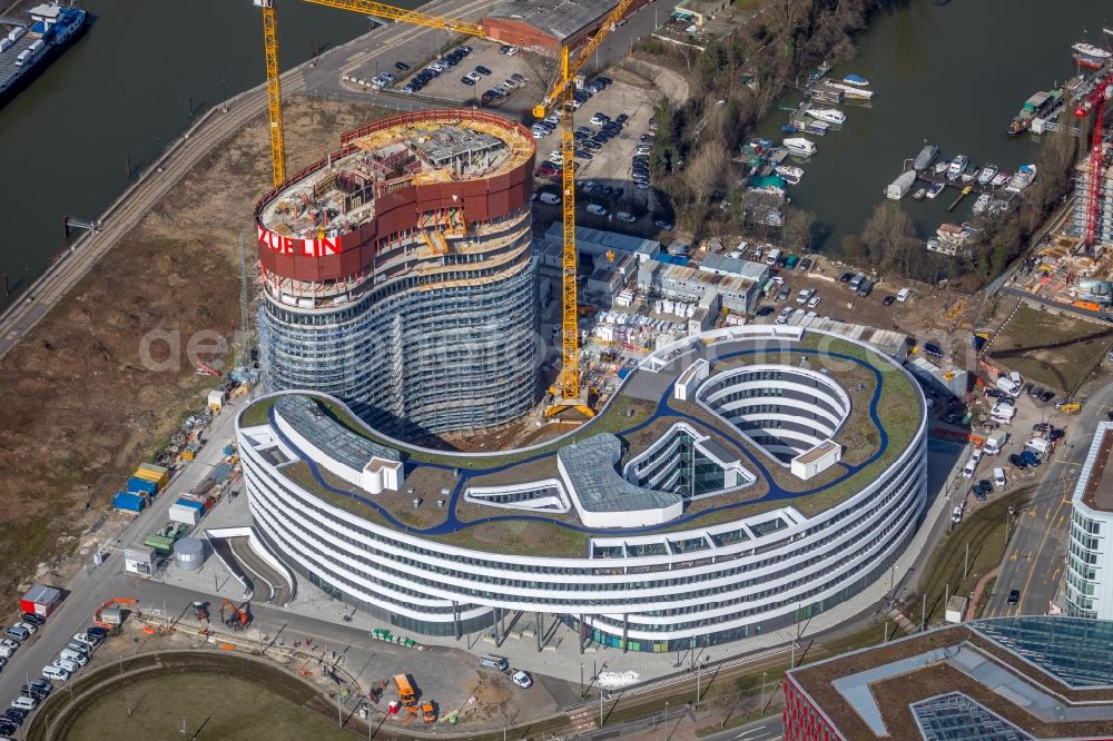 Aerial photograph Düsseldorf - Construction site for the new building trivago-Zentrale on Kesselstrasse in the district Medienhafen in Duesseldorf in the state North Rhine-Westphalia