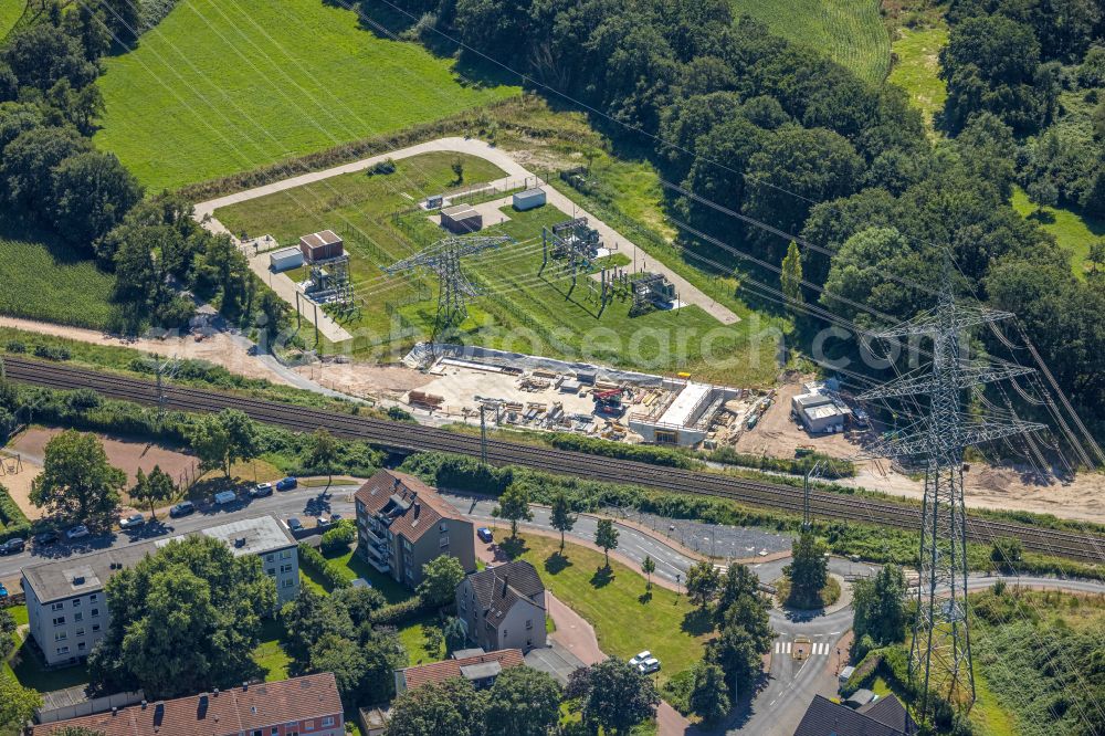 Aerial image Dinslaken - Construction site area for the new construction of the substation for voltage conversion and electrical power supply on street Landwehrstrasse in Dinslaken at Ruhrgebiet in the state North Rhine-Westphalia, Germany